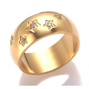NEW Unisex Women’s Wide Gold Plated Simulated Diamond Star Ring 8mm Band Size 8
